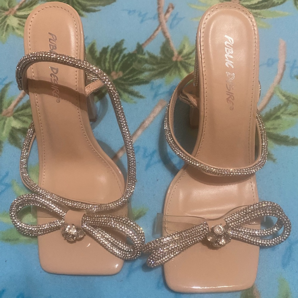 Public Desire Nude Heels with Rhinestone Bow